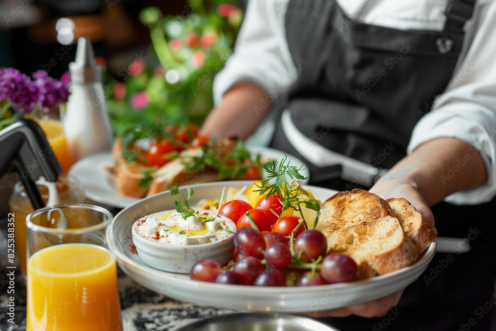 A professional waitress in a crisp white shirt presenting a beautifully arranged breakfast platter with a variety of cheeses, fruits, and a toasted baguette, in an elegant dining setting A professional waitress in a crisp white shirt presenting a beautifully arranged breakfast platter with a variety of cheeses, fruits, and a toasted baguette, in an elegant dining setting