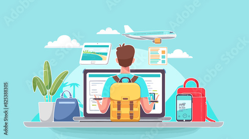 Man using a laptop and smartphone for booking hotel online. Tour reservation, Booking online concept