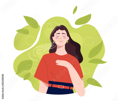 Mental health concept with pretty young woman. Young girl doing breathing exercise. care. Awareness, mindfulness and meditation. Flat vector illustration isolated on white background