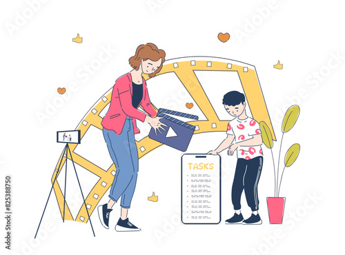 Developing content marketing plan. Mother and son video bloggers stand in front of camera. Planning of promotion in social networks. Blogger with tasks. Outline flat vector illustration