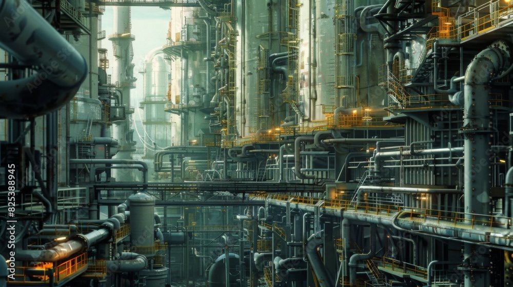 A painting depicting a large industrial factory with numerous pipes and structures, emitting steam and smoke into the sky.