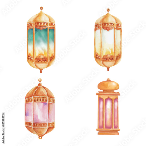 collection of arabic gold lantern hand painting watercolor