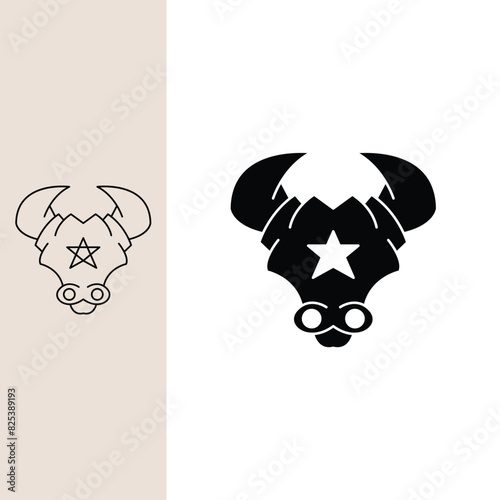 bull logo with a star on its forehead, monoline style and silhouette stylish.