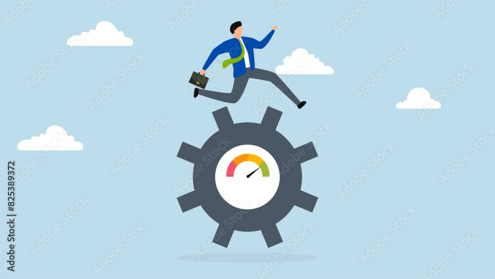 Work performance evaluation, 4k animation of ambitious businessman running at full speed to turn measured cog. Work performance evaluation, 4k animation of ambitious businessman running at full speed to turn measured cog.