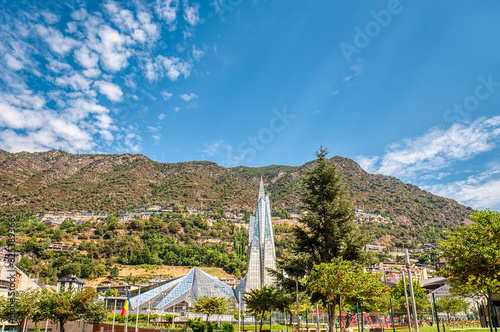 Andorra la Vella, capital of Andorra, is located in the Pyrenees mountains, between France and Spain photo