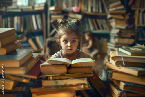 Pensive child is encircled by towering stacks of literature in a cozy, dimly lit room