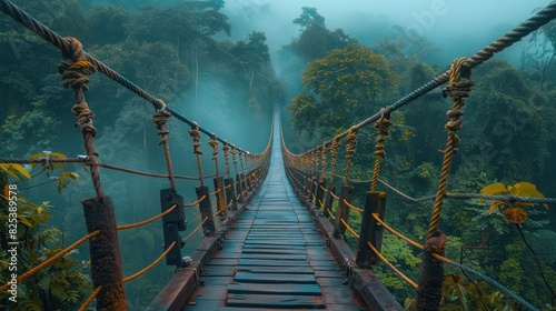 A rope bridge with a wooden base crosses a tropical canyon, symbolizing adventure and exploration photo