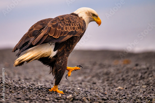 bald eagle with a clawy leg is walking along the beach photo