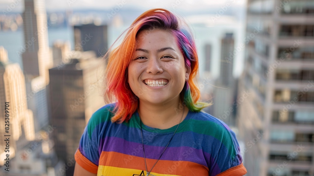 Vibrant Urban Confidence - Person with Colorful Hair and Rainbow Shirt Smiling Against City Background