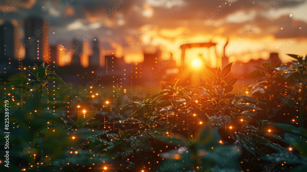 Irrigation tractor at sunset, showcasing tech role in modern agriculture and food sustainability,generative ai Irrigation tractor at sunset, showcasing tech role in modern agriculture and food sustainability,generative ai