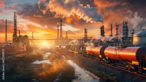 An industrial refinery emits smoke from tall stacks as rail tankers pass by during a vibrant sunset, reflecting in puddles.