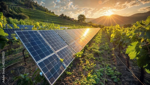 This stunning image captures agrovoltaics at sunset, showcasing solar panels integrated with a vineyard. It highlights the harmony between renewable energy and traditional farming. photo