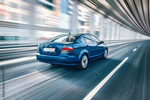 speeding blue business car rushing along highway rear view perspective dynamic motion concept