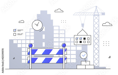 Construction and Building processes. Urban architecture. Residential district with construction crane. Exterior of real estate. Line art style flat vector illustration isolated on white background