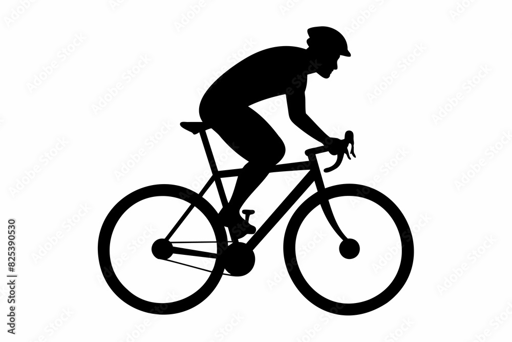 Black silhouette of cyclist isolated on white background. Man on bicycle. Graphic art. Concept of fitness, cycling, sport, active lifestyle. Icon, template, sign, logotype, print, design element Black silhouette of cyclist isolated on white background. Man on bicycle. Graphic art. Concept of fitness, cycling, sport, active lifestyle. Icon, template, sign, logotype, print, design element