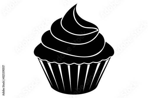 Black silhouette of cupcake isolated on white backdrop. Minimalist graphic illustration. Concept of dessert, baking, sweet food. Icon, pictogram, template, sign, logotype, print, design element
