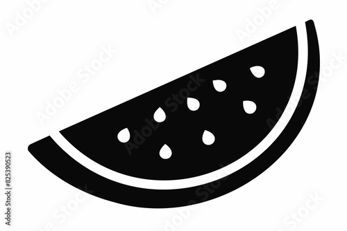Black silhouette of watermelon slice. Concept of summer, freshness, fruit, and healthy eating. Graphic art. Isolated on white background. Print, logo, pictogram, design element