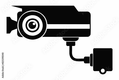 Black silhouette of a security camera isolated on white background. Simple graphic design of surveillance equipment. Concept of security, monitoring, safety. Print, logo, sign, design element