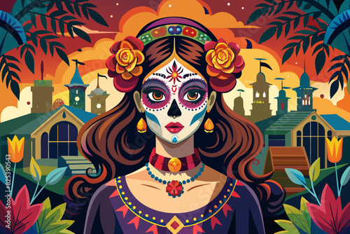Woman with Day of the Dead makeup on festival. Female with sugar skull face paint and vibrant flowers. Concept of Dia de los Muertos, cultural celebration, festive makeup, Halloween, traditional decor