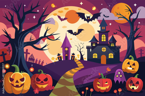 Spooky haunted house with bats and pumpkins on Halloween night. Creepy mansion with jack-o-lanterns and a full moon. Concept of Halloween, haunted house, spooky atmosphere, and night scene