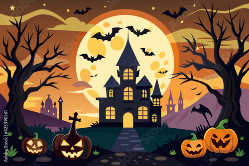 Spooky haunted house with bats and pumpkins on Halloween night. Creepy mansion with jack-o-lanterns and a full moon. Concept of Halloween, haunted house, spooky atmosphere, and night scene