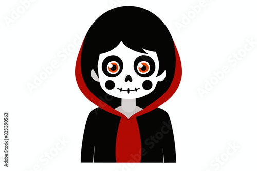 Kid with Day of the Dead makeup. Child with sugar skull face paint. Isolated on white backdrop. Concept of Dia de los Muertos, Mexican cultural tradition, festival, celebration, Halloween
