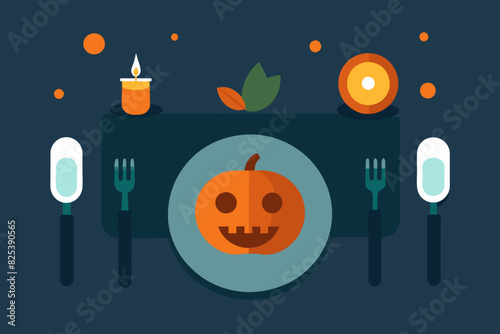 Halloween dinner table with pumpkin-themed decorations and candles. Festive table setting with jack-o-lantern. Concept of Halloween, holiday feast, and spooky celebration