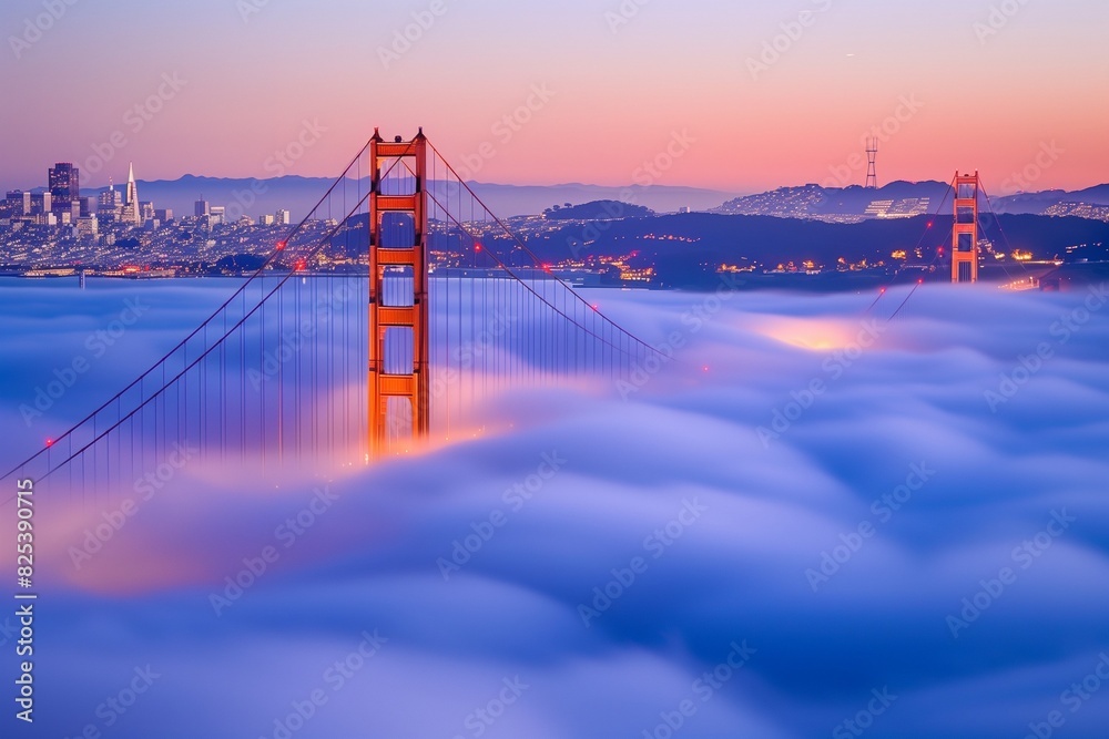 Obraz premium AI generated illustration of the Golden Gate Bridge at dawn, surrounded by a sea of fog