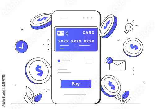 Credit card app simple style design. Banking application digital wallet. Cashless transfers and transactions. Electronic commerce and online shopping. Line art flat vector illustration isolated