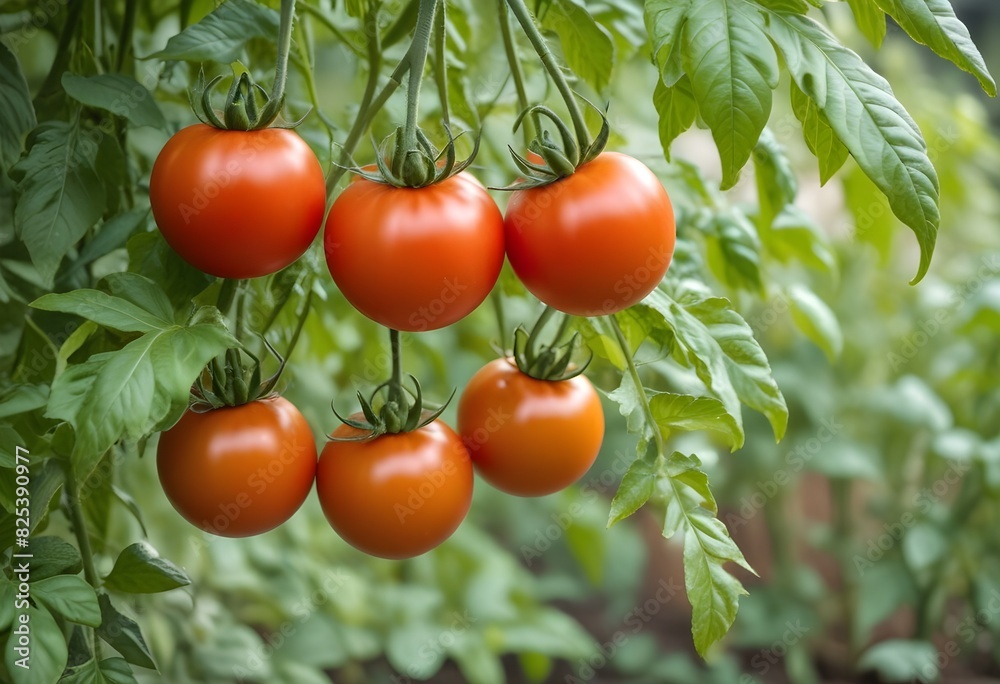 Tomatoes hanging from a plant with leaves in the background