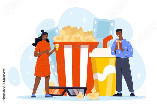 A man and a woman stand next to giant packages of popcorn and 3d glasses. Cinema industry, movies and entertainment concept. Flat vector illustration isolated on white background