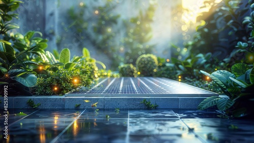 Solar panels in a serene garden setting, surrounded by lush greenery and reflecting pool, embodying eco-friendly energy and sustainable living.