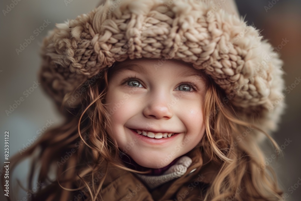 Smiling young girl wearing a fluffy winter hat beams with joy Smiling young girl wearing a fluffy winter hat beams with joy