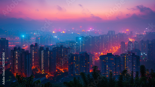 A wide view of the city with many tall buildings at night with spotlights shining on the buildings generative ai
