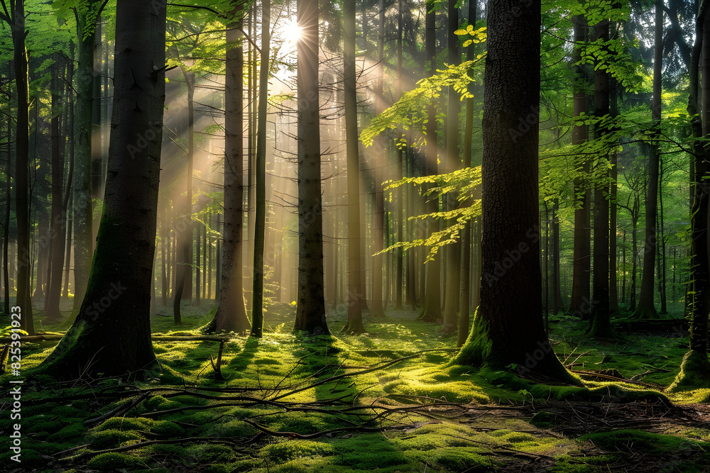 Sunrise in an Enchanting Forest with Light Filtering Through Trees and Dew-Kissed Foliage