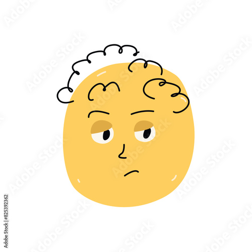 Hand drawn dissatisfied yellow face with curly hairs doodle style, vector illustration isolated on white background. Decorative design element, simple emotional character