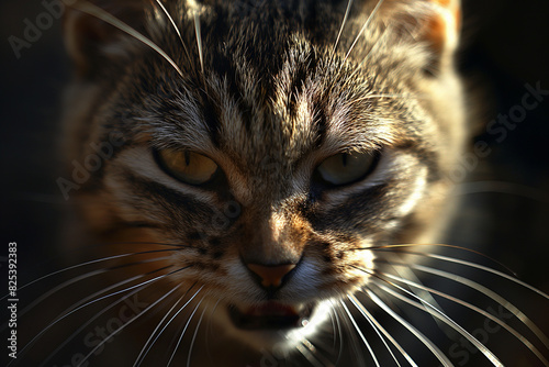 A cat with a very angry expression on its face