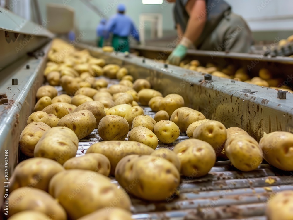 Inside an American Potato Processing Plant: Sorting Russet Potatoes on a Conveyor Belt Inside an American Potato Processing Plant: Sorting Russet Potatoes on a Conveyor Belt