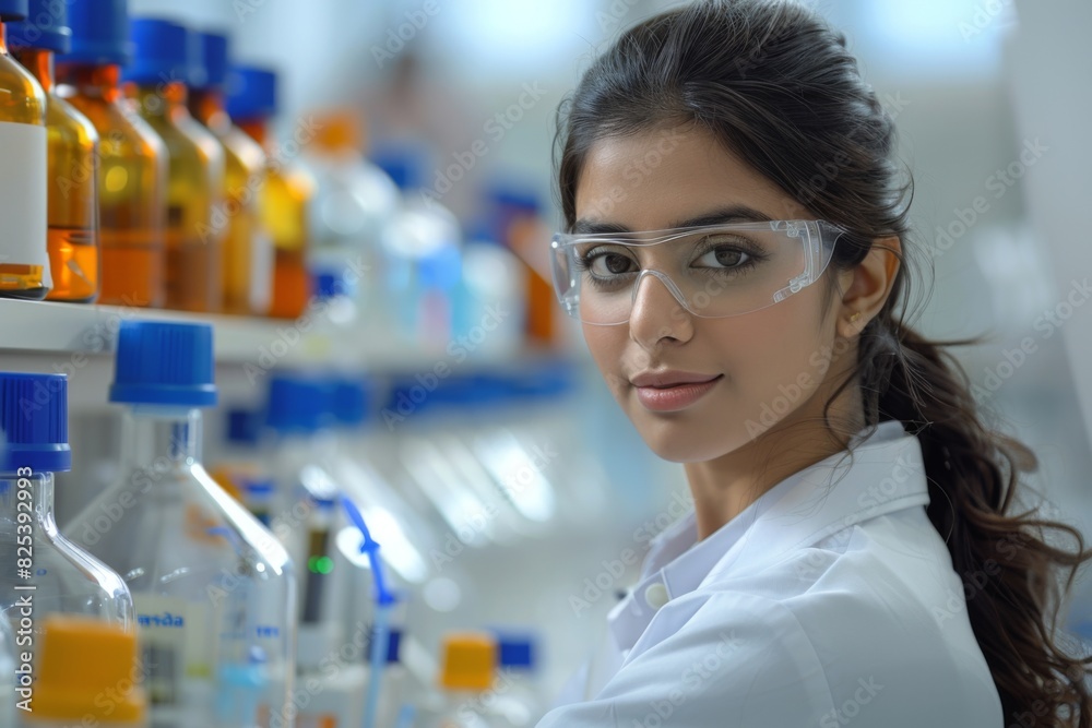 Professional Female Scientist in Laboratory Setting Examining Chemical Samples Professional Female Scientist in Laboratory Setting Examining Chemical Samples