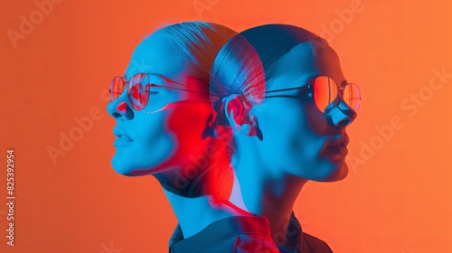 The image combines two faces. Concept of unity, duality, emotional distress or split personality people. Creative surrealistic design. Illustration for banner, poster, cover, brochure or presentation.