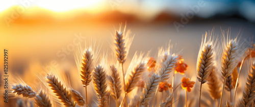 Golden harvest: close-up of sunlit wheat fields.