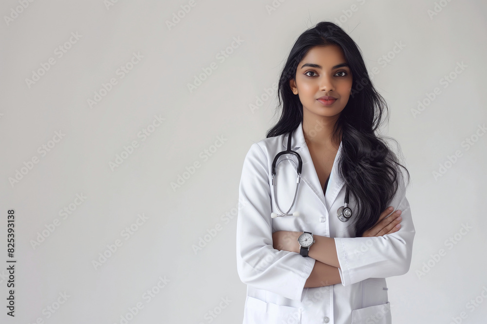 An indian woman in a white lab coat is posing for a picture. Doctor, nurse and medical student. College and university An indian woman in a white lab coat is posing for a picture. Doctor, nurse and medical student. College and university