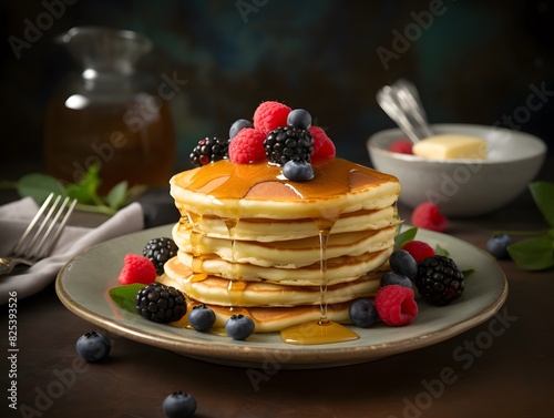 Stack of pancakes with berries and honey.