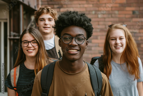 A group of young people are smiling and posing for a picture. college students