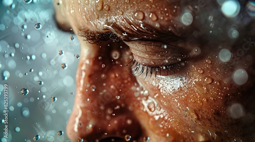 A close-up photo of a mans face covered in water droplets, showcasing the refreshing sensation photo