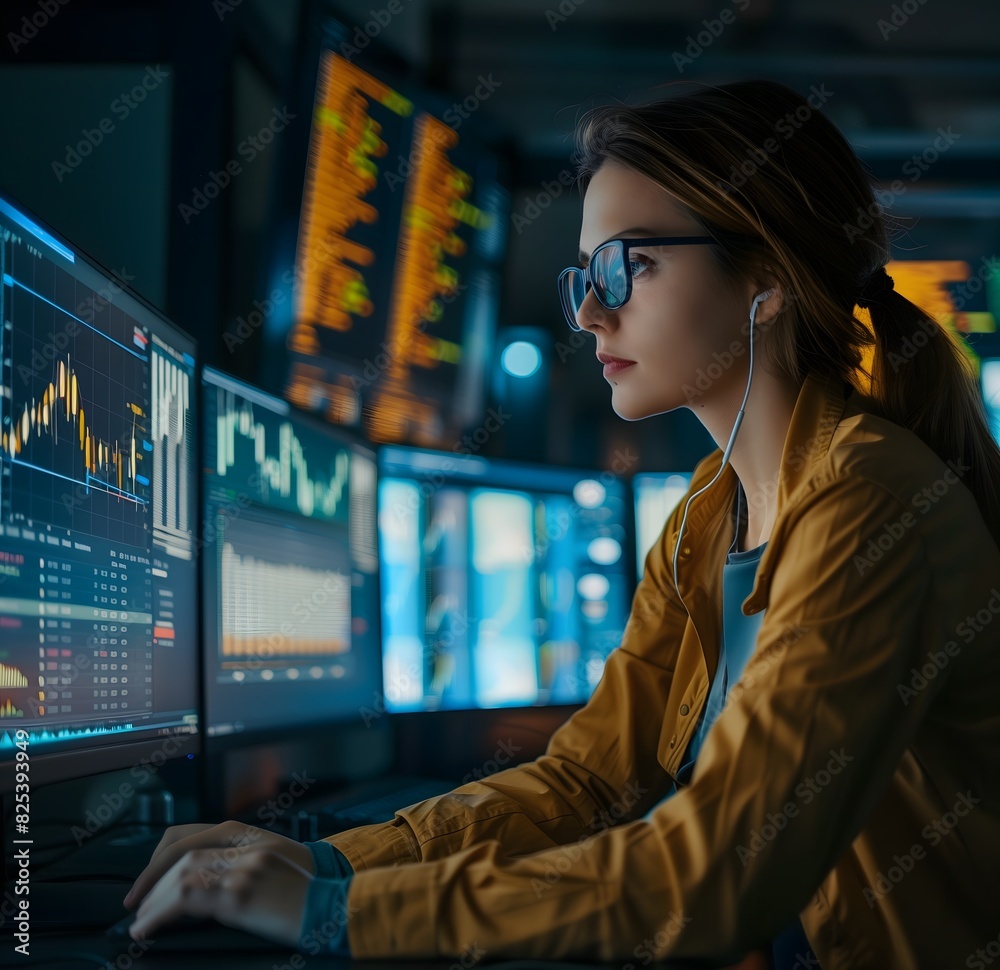 Young Female Artificial Intelligence Engineer Working on Computer in Technological Office Businesswoman analyzing stocks and commodities on multi-monitor setup Young Female Artificial Intelligence Engineer Working on Computer in Technological Office Businesswoman analyzing stocks and commodities on multi-monitor setup