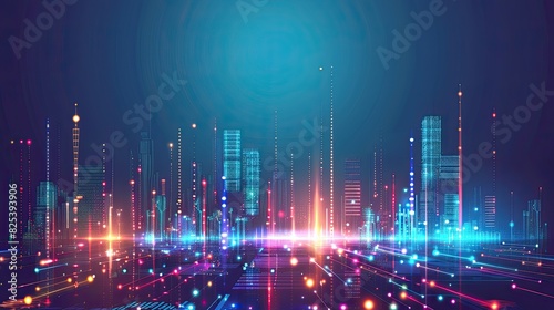 Illustration of a modern futuristic smart city concept with abstract bright lights against a blue background. Showcases cityscape urban architecture, emphasizing a futuristic technology city concept