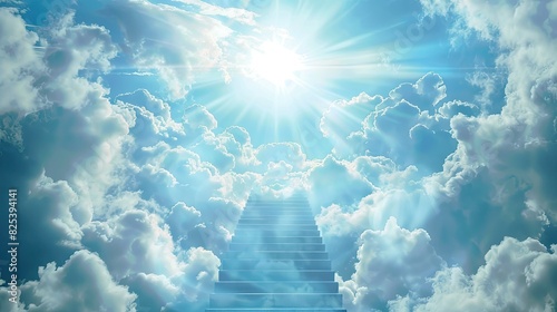 Illustration of a stairway ascending towards heavenly realms with a bright sky, clouds, and sun shining through the stairway. Symbolizing spiritual transcendence and enlightenment.