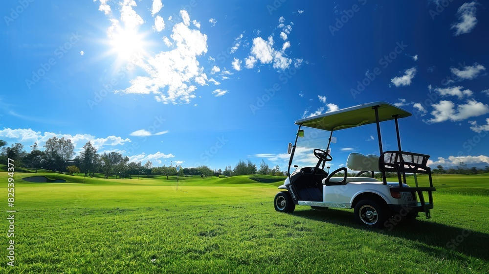 Golf cart over nice green and blue sky