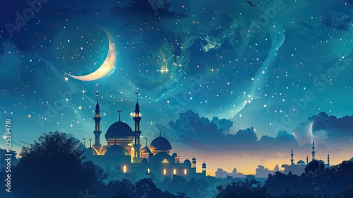 Islamic Ramadan Kareem or Eid Mubarak background wallpaper featuring a mosque, crescent moon, and starry night sky. Ideal for designs, greeting cards, posters, social media banners, and Eid Mubarak po photo